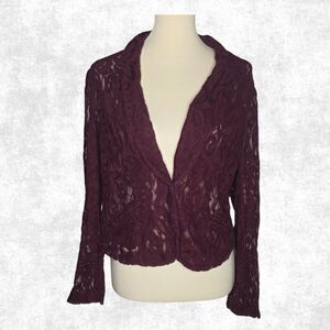 INC Burgundy Lace Blazer Jacket - Sheer Romantic Layer - Size Large